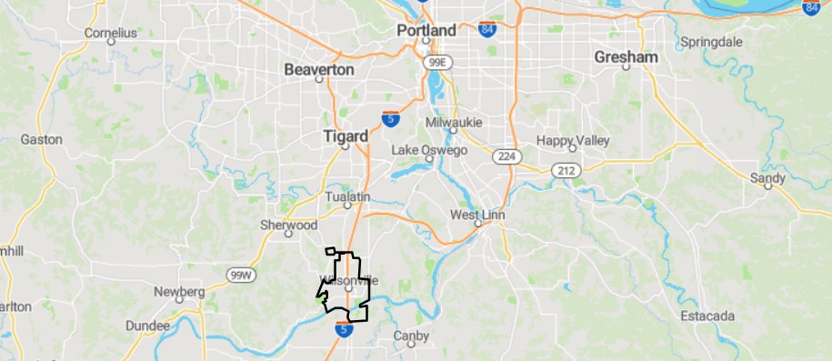 Map showing Wilsonville in relation to Portland and nearby communities